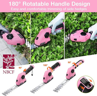 WORKPRO 7.2V Cordless 2-in-1 Hedge & Grass Trimmer  Handheld Electric Trim Tool with Pink Ribbon Design