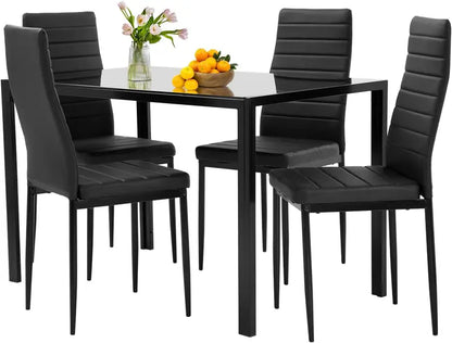 Compact Glass Dining Set for Small Spaces  Modern Black Rectangular Table & 4 Chairs for Kitchen or Dining