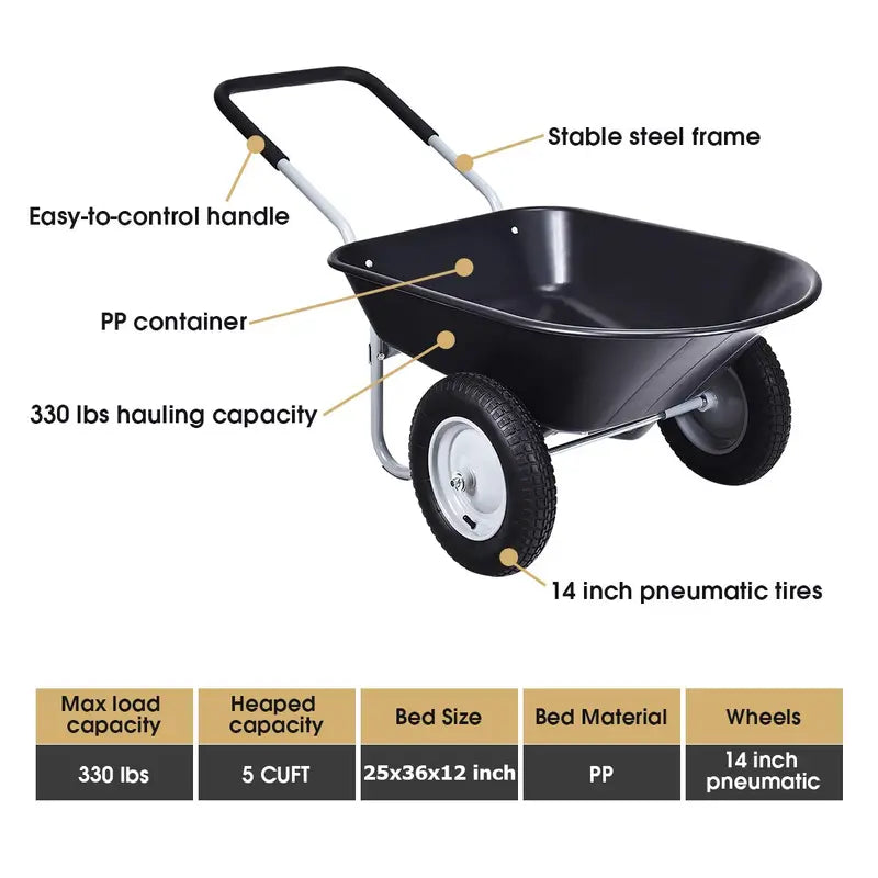 Dual-Wheel Heavy-Duty Garden Utility Cart  330-Pound Capacity All-Terrain Wheelbarrow