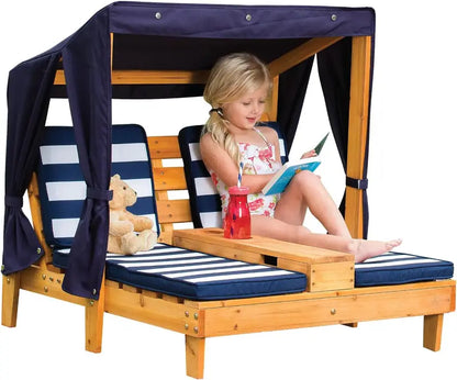 KidKraft Honey-Finished Outdoor Double Chaise Lounge  Navy & White Striped Fabric, Ages 38