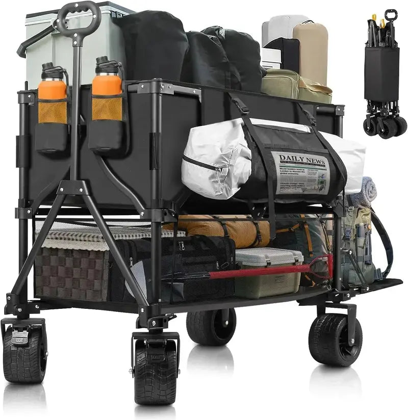 Reinforced Double-Decker Collapsible Wagon  600 lb Weight Rating, 400L Storage, Heavy-Duty Utility Use