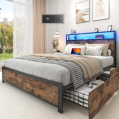 Lifezone Queen Platform Bed  2-Tier Storage Headboard with Charging Station, LED Lights & Quiet Metal Support