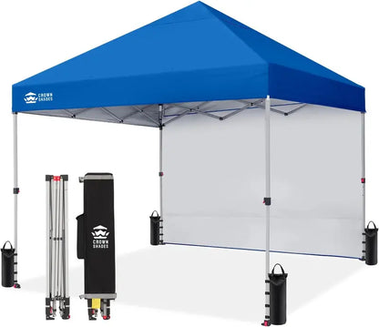 CROWN SHADES 10′ x 10′ Pop-Up Canopy with Single Sidewall: Portable Event Shelter for Parties, Campgrounds, and Outdoor Markets — Includes STO-N-Go Carry Bag