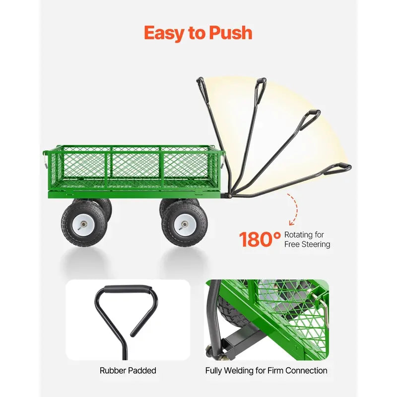 KFFKFF Heavy-Duty Mesh Steel Garden Wagon  900-Lb Capacity, 38″ x 22″, Swivel Handle & Removable Sides
