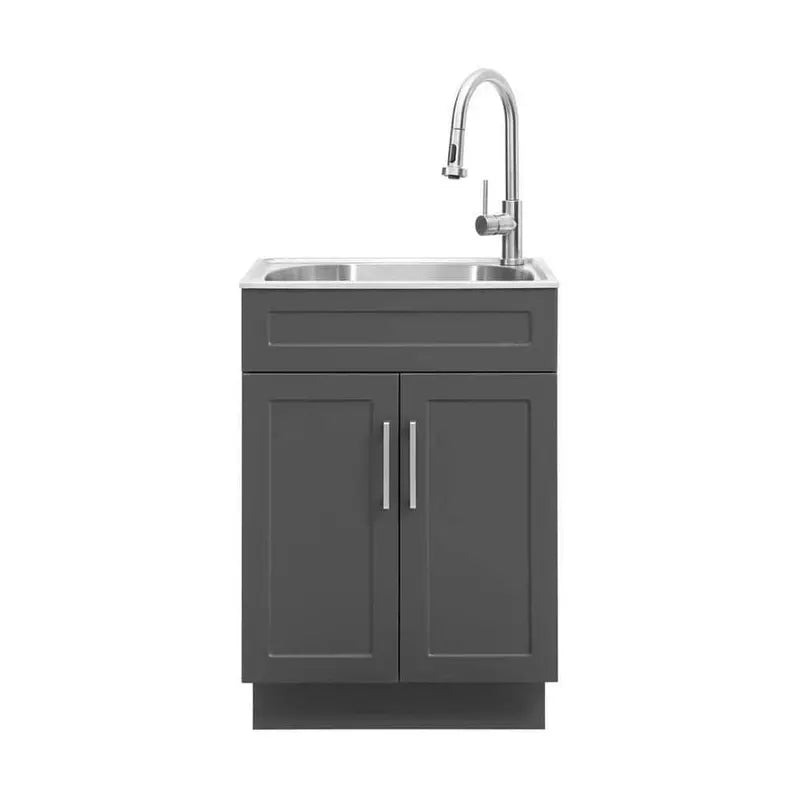 All-in-One  24 in Laundry Sink with Faucet and Storage Cabinet in Dark Gray