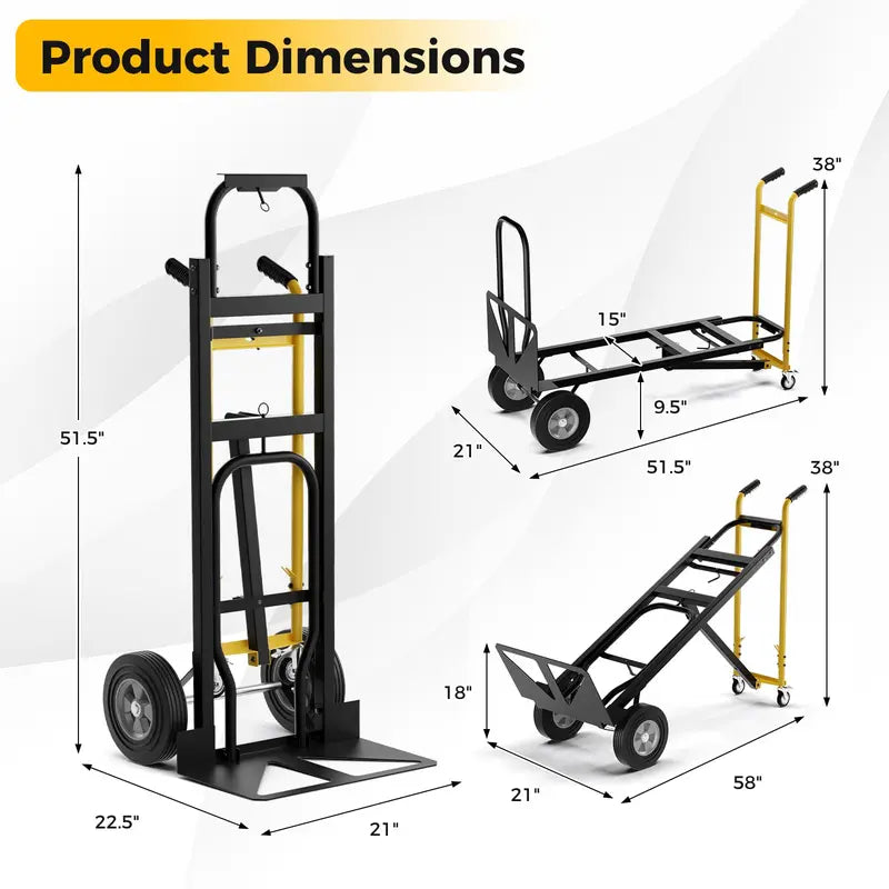 Heavy-Duty 3-in-1 Convertible Hand Truck Dolly with 1000 lb Load Capacity