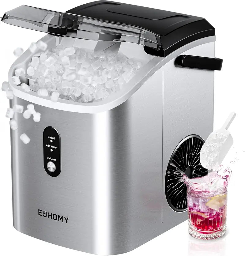EUHOMY Sonic Nugget Ice Maker  Countertop Pellet Ice Machine, 34 lbs/Day Output, Auto-Clean, Handle Design, Includes Scoop & Basket