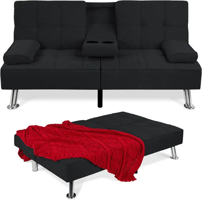 Compact Gray Linen Futon Sofa Bed  Foldable Modern Design with Detachable Armrests, Sturdy Metal Frame & Built-in Cup Holders