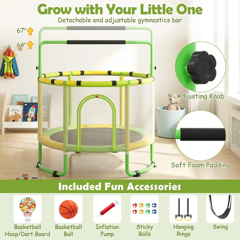 Kids’ Trampoline with Safety Enclosure  Includes Adjustable Gymnastics Bar, Swing & Basketball Hoop