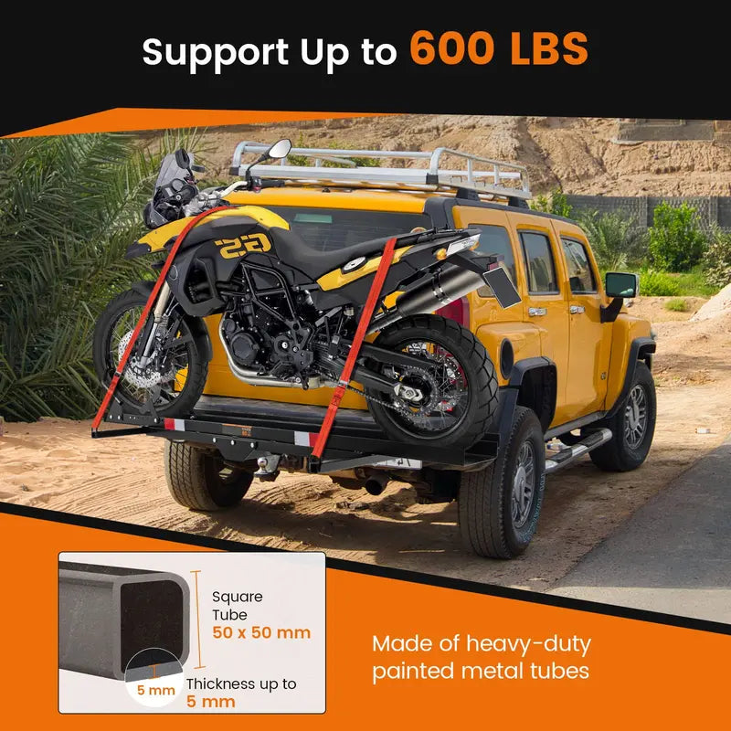Heavy-Duty Motorcycle Carrier with Hitch Mount, Ramp, and 600 LB Capacity
