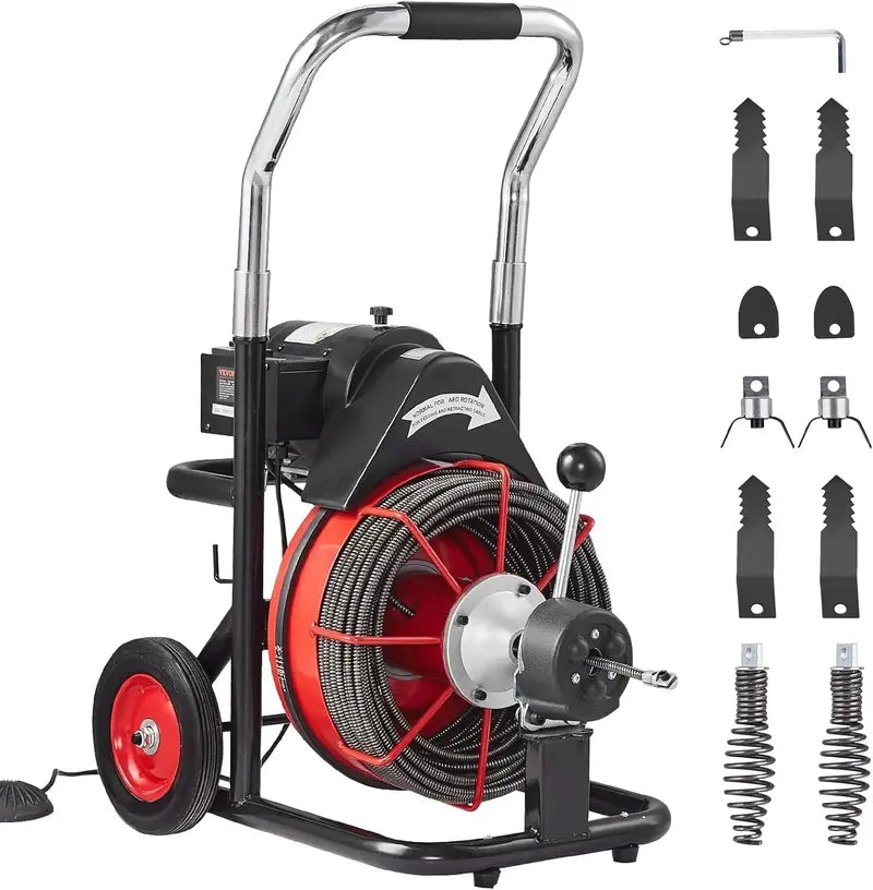 100-Foot Auto-Feed Drain Snake Machine  550W Portable Sewer Auger with 8 Cutters & Foot-Controlled Operation