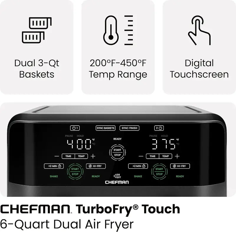Chefman Dual Basket Air Fryer  6-Quart Digital Touchscreen Model with Independent Cooking Zones