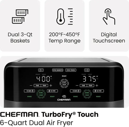 Chefman Dual Basket Air Fryer  6-Quart Digital Touchscreen Model with Independent Cooking Zones