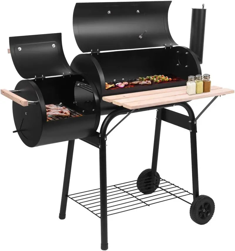 Heavy Duty Outdoor Charcoal Grill & Smoker with Thermometer & Wheels for Camping & Backyard  Double Greenhouse Design