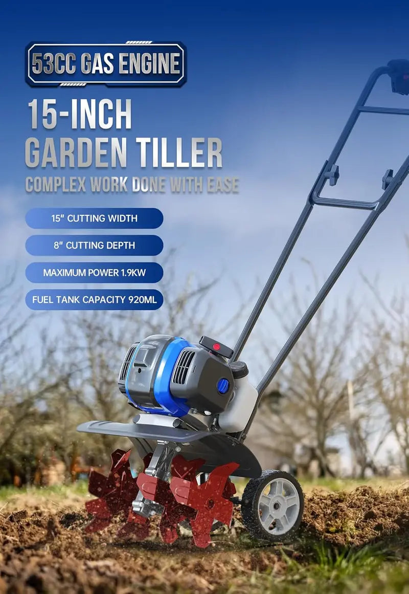 53cc Gas-Powered Garden Tiller  15-Inch Cultivator with Lift-Assist Rod for Efficient Soil Loosening in Lawns & Small Farms