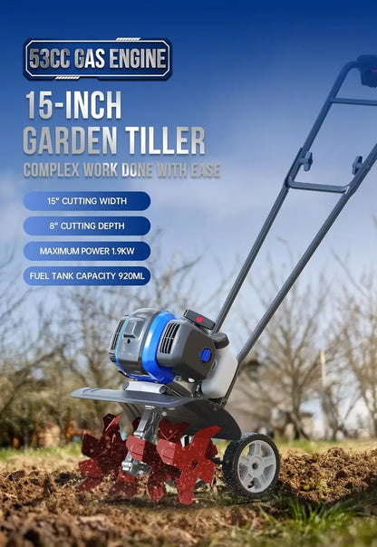 53cc Gas-Powered Garden Tiller  15-Inch Cultivator with Lift-Assist Rod for Efficient Soil Loosening in Lawns & Small Farms