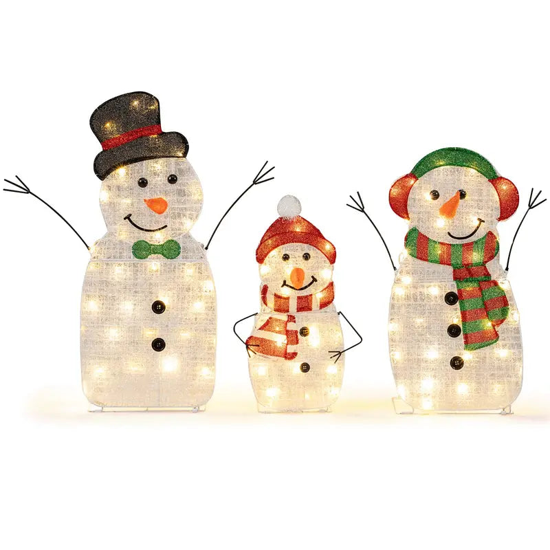 Lighted Snowman Family Set  Flat-Style Pre-Illuminated Christmas Decor with Classic Winter Charm