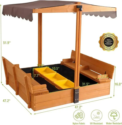 Kids’ Wooden Outdoor Sandbox with Retractable Canopy  Includes Foldable Benches & Sand Liner