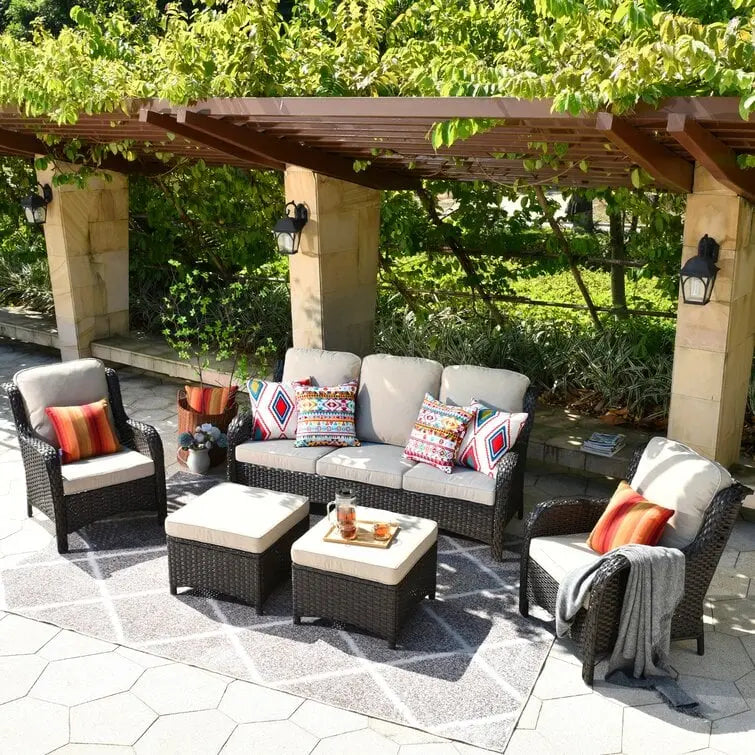 Latimer Wicker 5-Piece Seating Set  All-Weather Rattan Lounge Group with Cushions