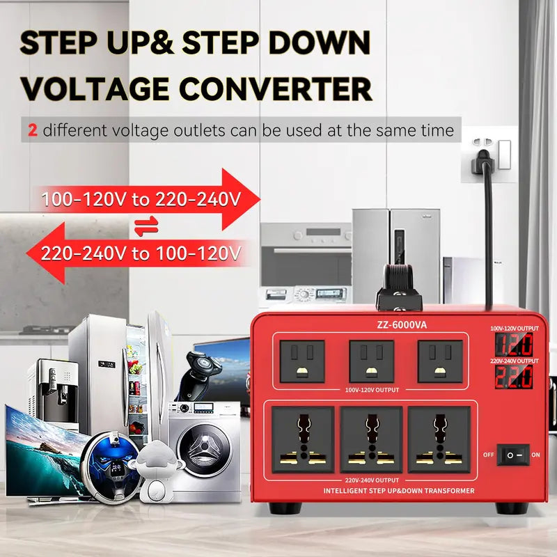 6000W Heavy-Duty Voltage Converter  Step-Up/Step-Down Transformer (110V↔220V), LCD Screen, Circuit Protection, 3 US + 3 Universal Outlets