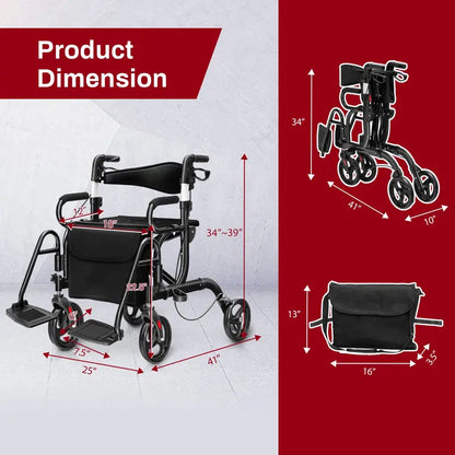 Dual-Function Folding Rollator Walker and Transport Wheelchair for Seniors
