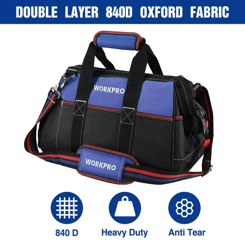 WORKPRO 16-Inch Heavy-Duty Wide-Mouth Tool Bag  Waterproof Molded Base & Adjustable Shoulder Strap