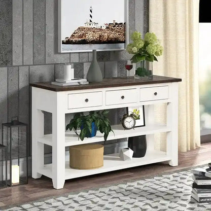 Wooden Console Table with Three Drawers and Dual Open Shelving  Entryway or Living Room Organizer