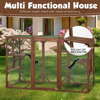Coziwow Outdoor Cat House Enclosure Pet Cage Catio W/ Asphalt Roof, 3 Platforms, Gray