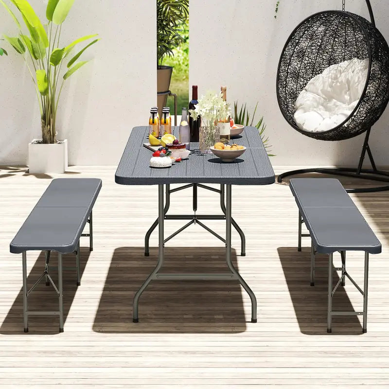 6-Foot Portable Picnic Set — HDPE Wood-Grain Folding Table & Benches (3-Piece)