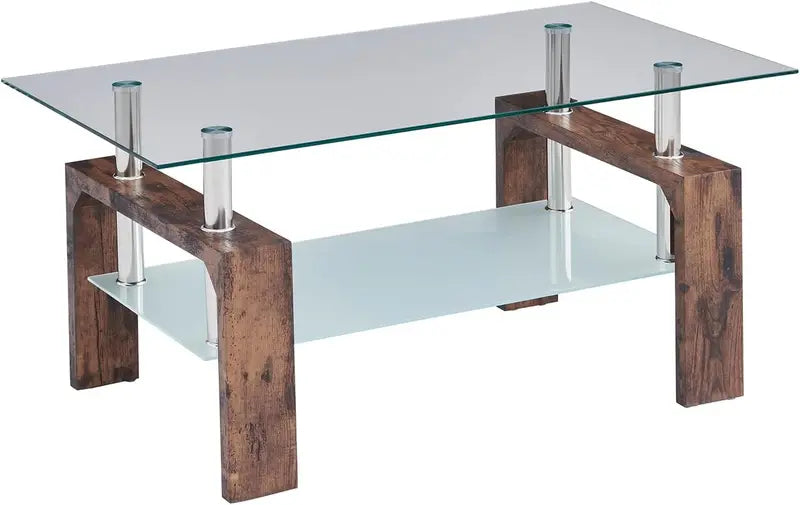 Contemporary Rectangle Coffee Table  Glass-Topped Living Room Side Table with Wooden Legs, Ideal for Waiting Areas