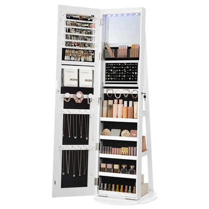LED-Lit Standing Jewelry Armoire  Full-Length Mirror Cabinet with Adjustable Brightness & Organized Storage