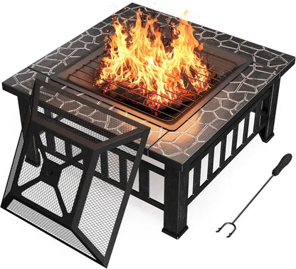 Devoko 32-Inch Outdoor Fire Pit Table  Weather-Resistant Metal Fireplace with Waterproof Cover for Patios