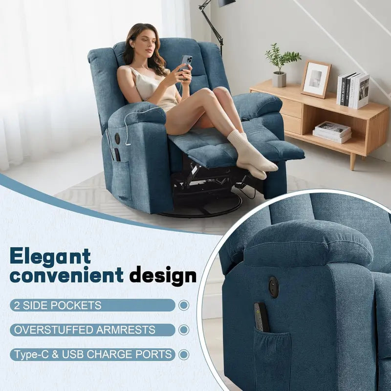 Adult Gliding Rocking Recliner  360° Rotation with Heat & Massage Functions