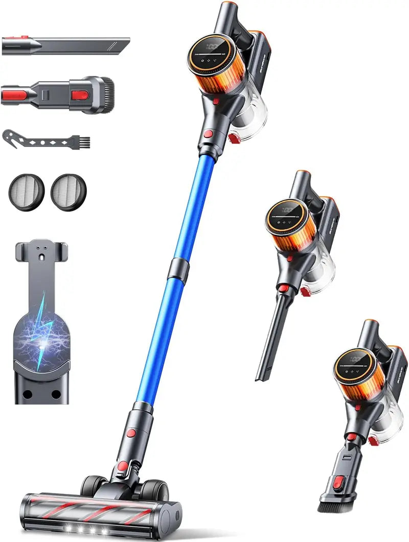 High-Performance Cordless Stick Vacuum  550W Motor, 45 kPa Suction, 60-Min Runtime, Wall-Mount Charging & Self-Standing Design