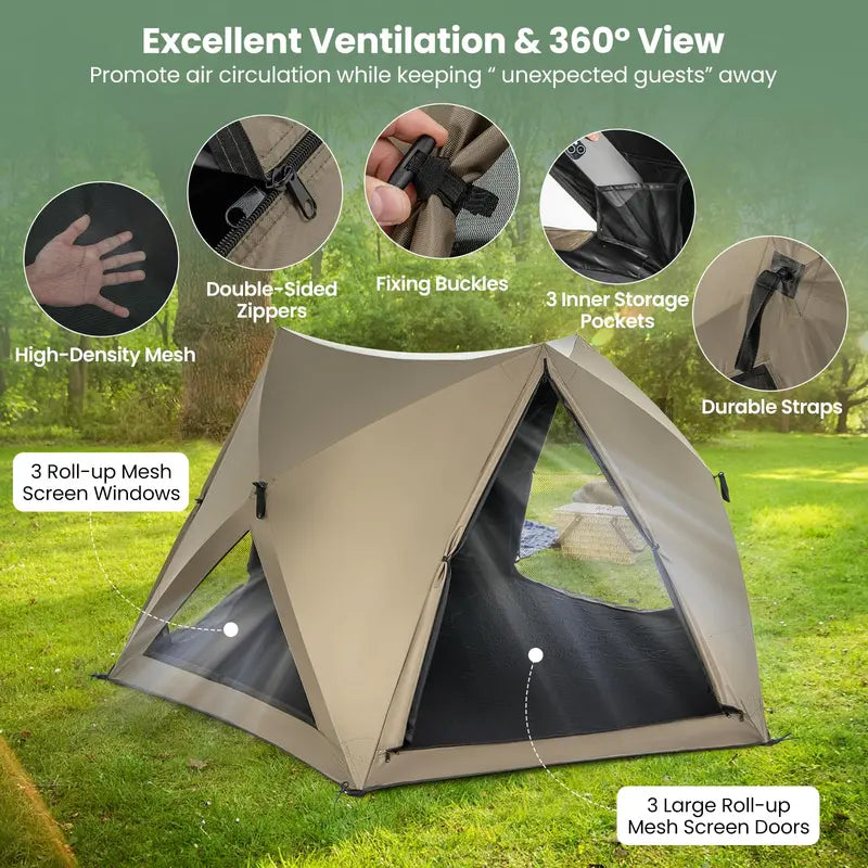 Pop-Up Family Camping Tent for 46 People Featuring Skylight, Three Doors, and Full Rainfly