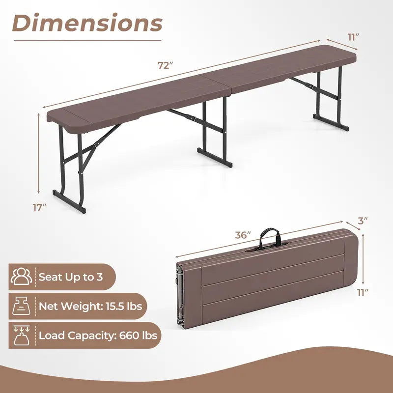 Lightweight Folding Bench  6-Foot Plastic Portable Seat with Carry Handle for Outdoor Use