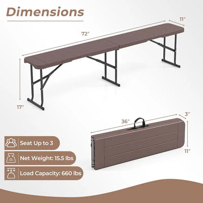 Lightweight Folding Bench  6-Foot Plastic Portable Seat with Carry Handle for Outdoor Use