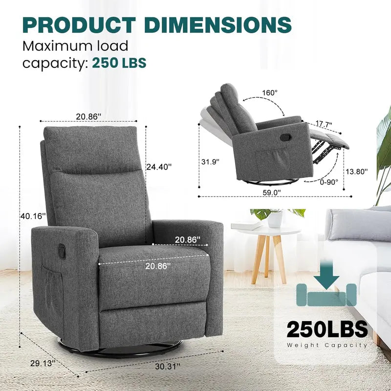 Extra-Large Swivel Rocking Recliner with Extended Footrest | High-Back Grey Upholstered Glider for Nurseries, Bedrooms, or Living Areas — Deep-Seat Comfort Design