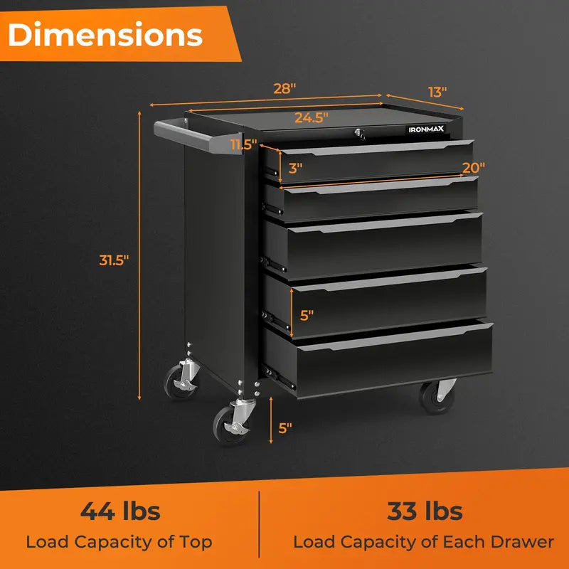 5-Drawer Rolling Steel Tool Chest  Mobile Workshop Cabinet with Hanging Rod Holes & Smooth Casters
