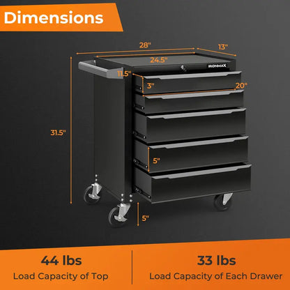 5-Drawer Rolling Steel Tool Chest  Mobile Workshop Cabinet with Hanging Rod Holes & Smooth Casters