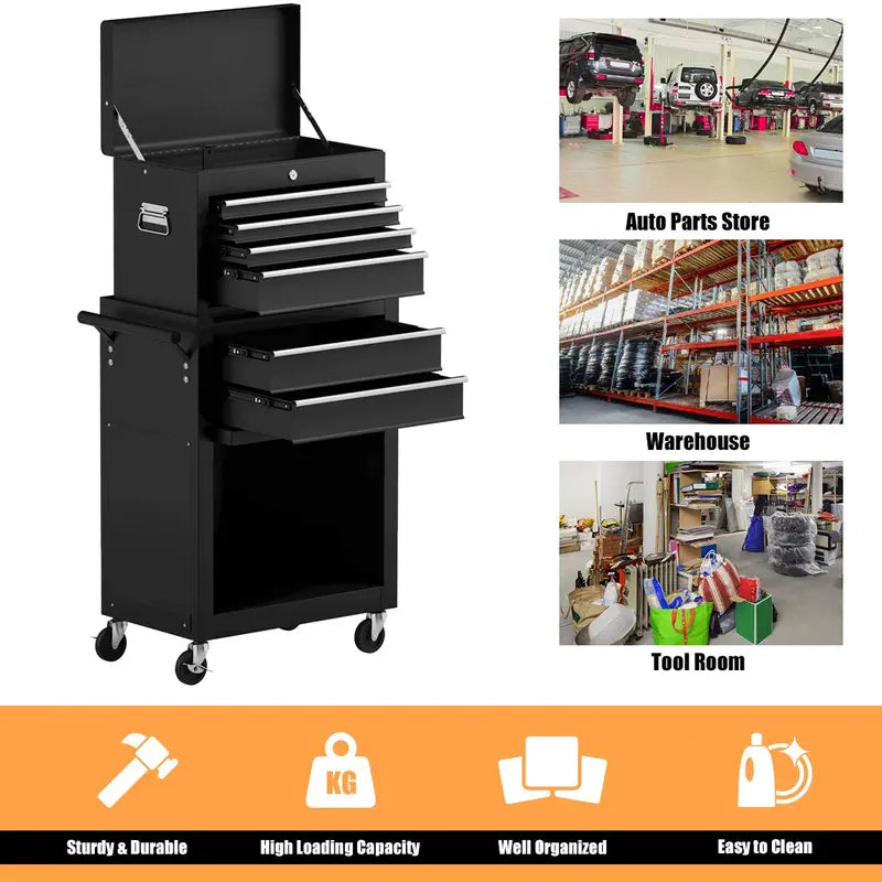 6-Drawer Rolling Tool Chest  Removable Steel Cabinet with Sliding Storage Compartments