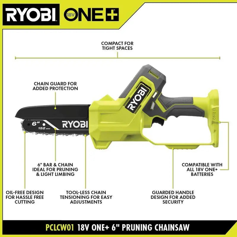 RYOBI ONE+ 18V 6″ Cordless Pruning Chainsaw Tool Only  Compact, Tool-less Tensioning, Oil-Free, 3-Year Warranty