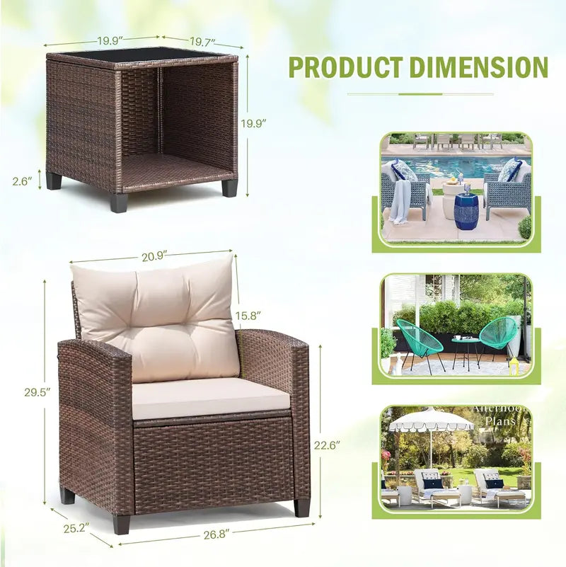 Devoko 3-Piece PE Rattan Bistro Set Featuring Upgraded Chairs & Compact Glass Table