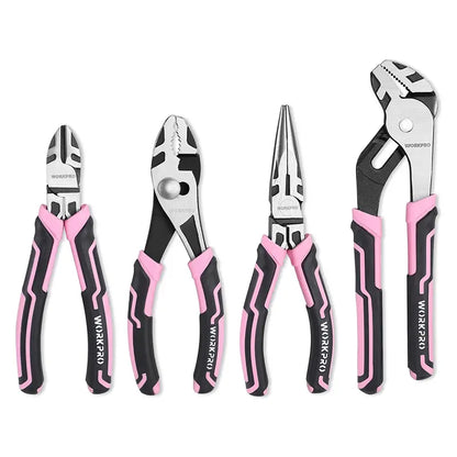 WORKPRO 4-Piece Pink Pliers Set  Ergonomic Grip Tools with Pink Ribbon Packaging