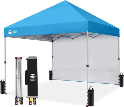 CROWN SHADES 10′ x 10′ Pop-Up Canopy with Single Sidewall: Portable Event Shelter for Parties, Campgrounds, and Outdoor Markets — Includes STO-N-Go Carry Bag