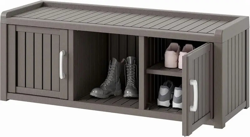 Kamaboko Waterproof Shoe Storage Cabinet  UV-Resistant Outdoor/Indoor Entryway Bench with Dual Barn Doors
