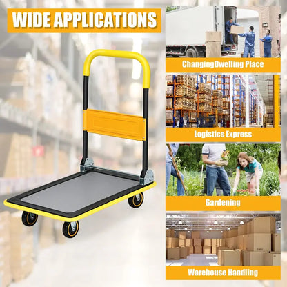 Lightweight Folding Flatbed Cart  330 LB Capacity Yellow Platform Dolly with Push Handle