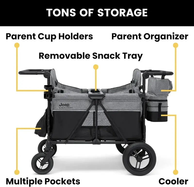 Delta Children Jeep Wrangler 4-Seater Stroller Wagon  Premium Quad-Wheel All-Terrain Wagon