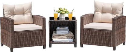Devoko 3-Piece PE Rattan Bistro Set Featuring Upgraded Chairs & Compact Glass Table