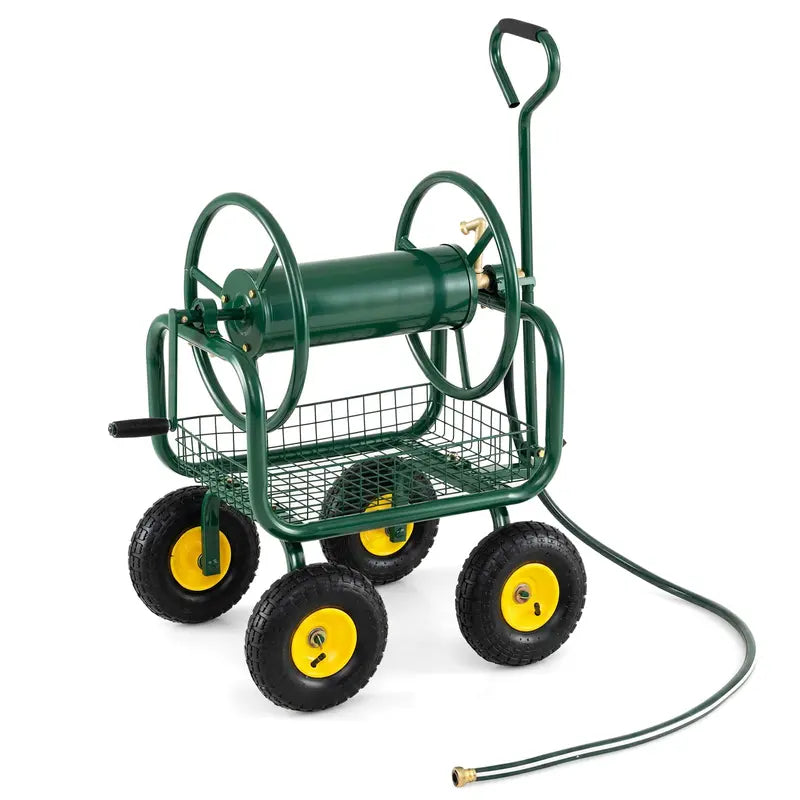 Heavy-Duty Hose Reel Cart with Integrated Storage Basket  Supports 300 Feet of 5/8-Inch Garden Hose
